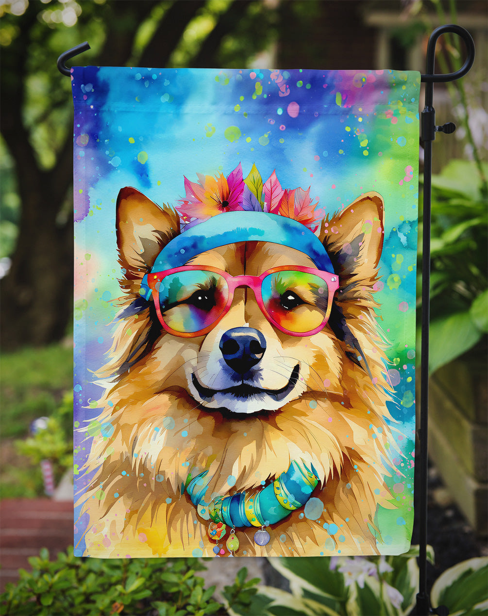 Hippie Dawg Garden Flag – Retro Dog with Sunglasses & Multicolored Background