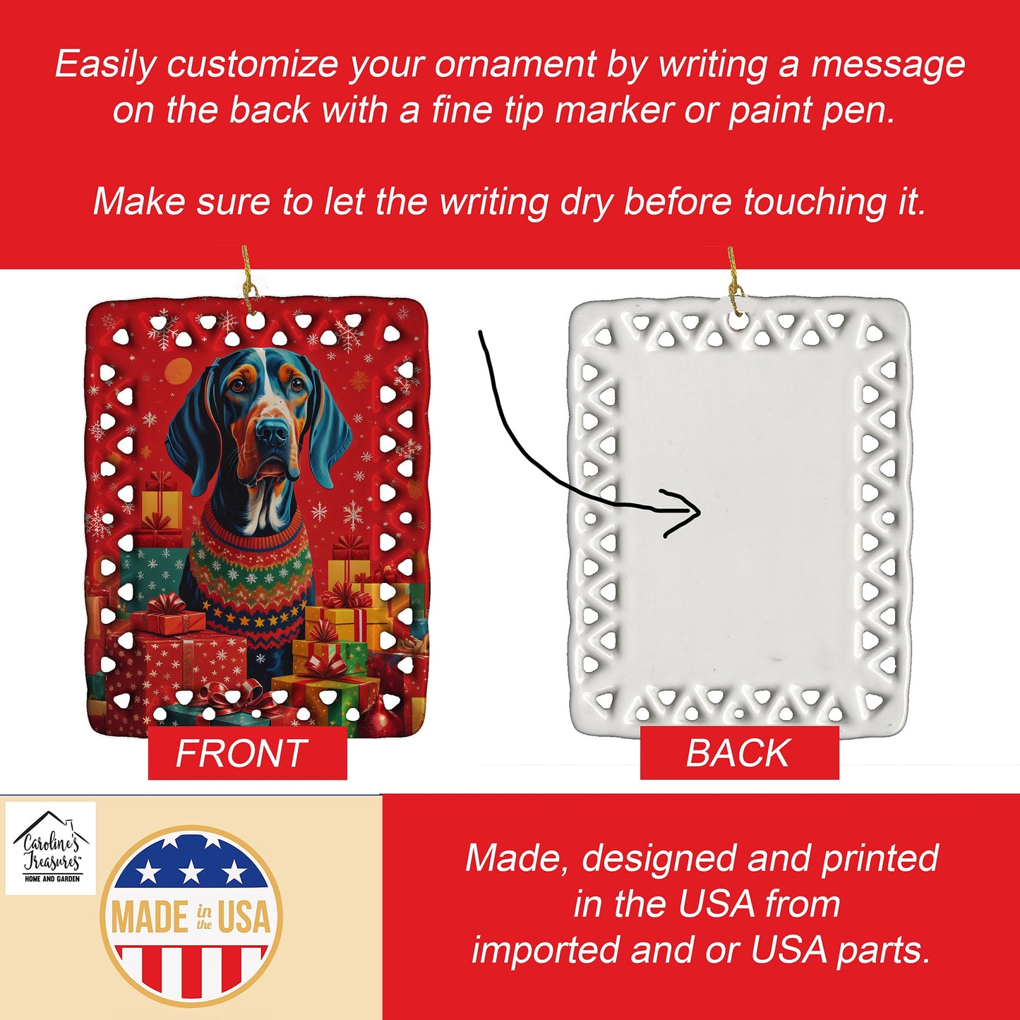 American English Coonhound Holiday Christmas Porcelain Ornament