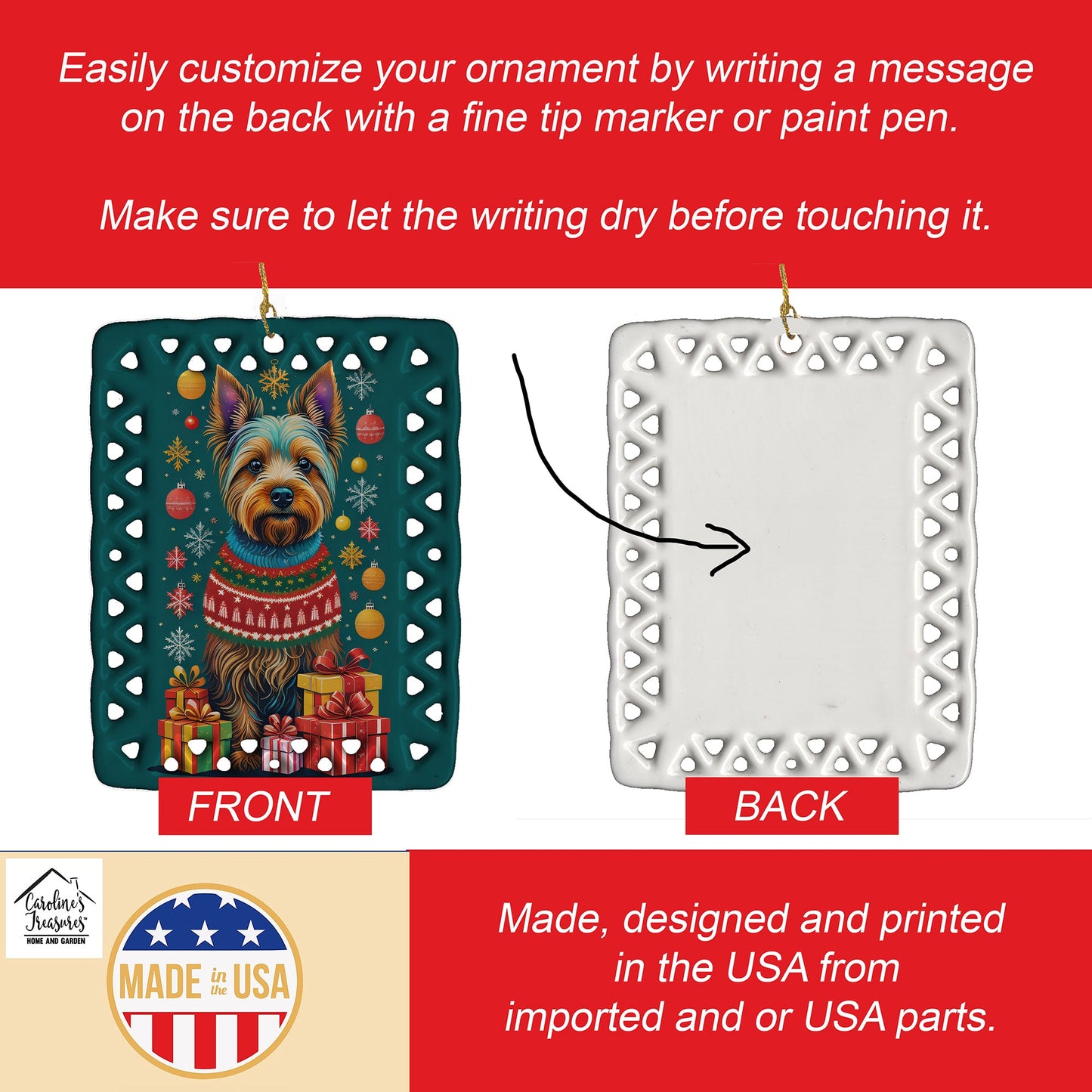 Australian Terrier Holiday Christmas Porcelain Ornament