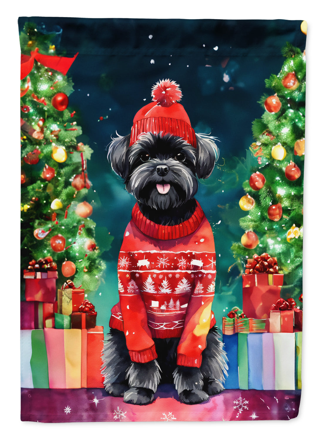 Affenpinscher Christmas Garden Flag – Cozy Dog Holiday Decor with Tree & Presents
