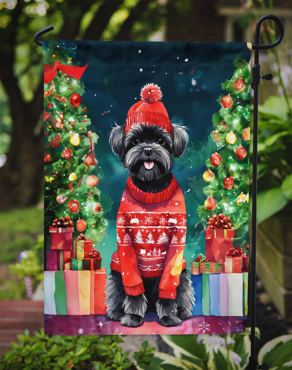 Affenpinscher Christmas Garden Flag – Cozy Dog Holiday Decor with Tree & Presents