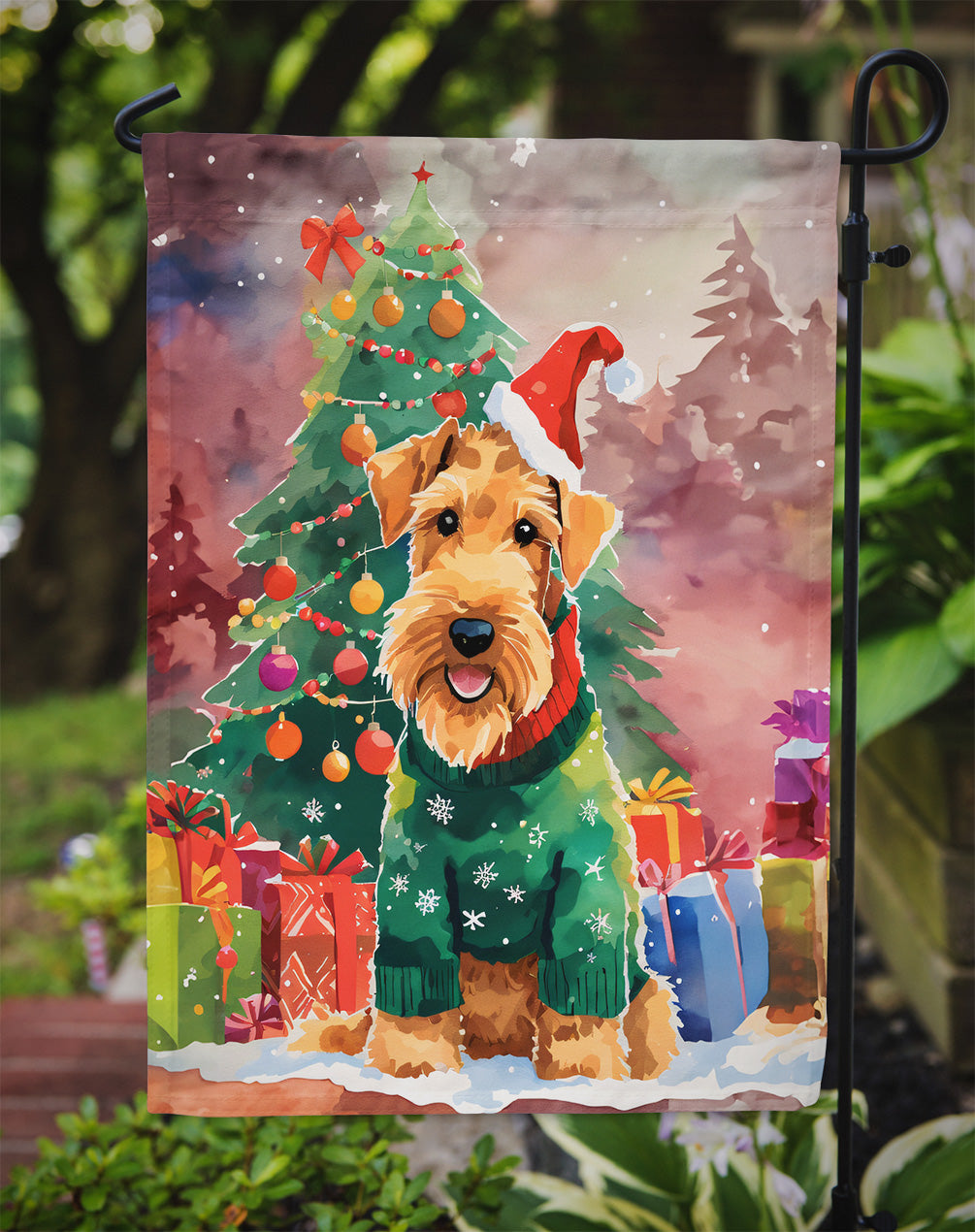Airedale Terrier Christmas Garden Flag – Cozy Dog Holiday Decor with Tree & Presents