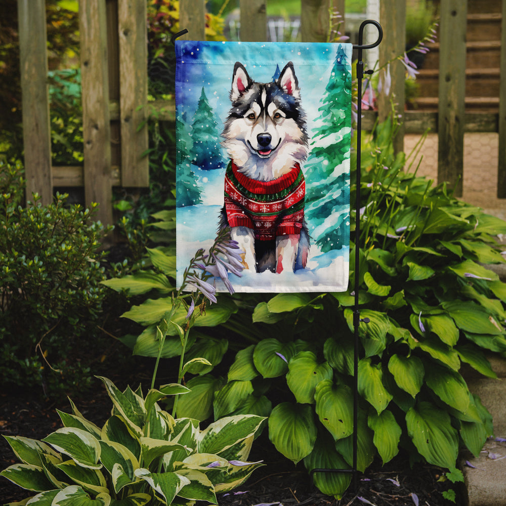 Alaskan Malamute Christmas Garden Flag – Cozy Dog Holiday Decor with Tree & Presents