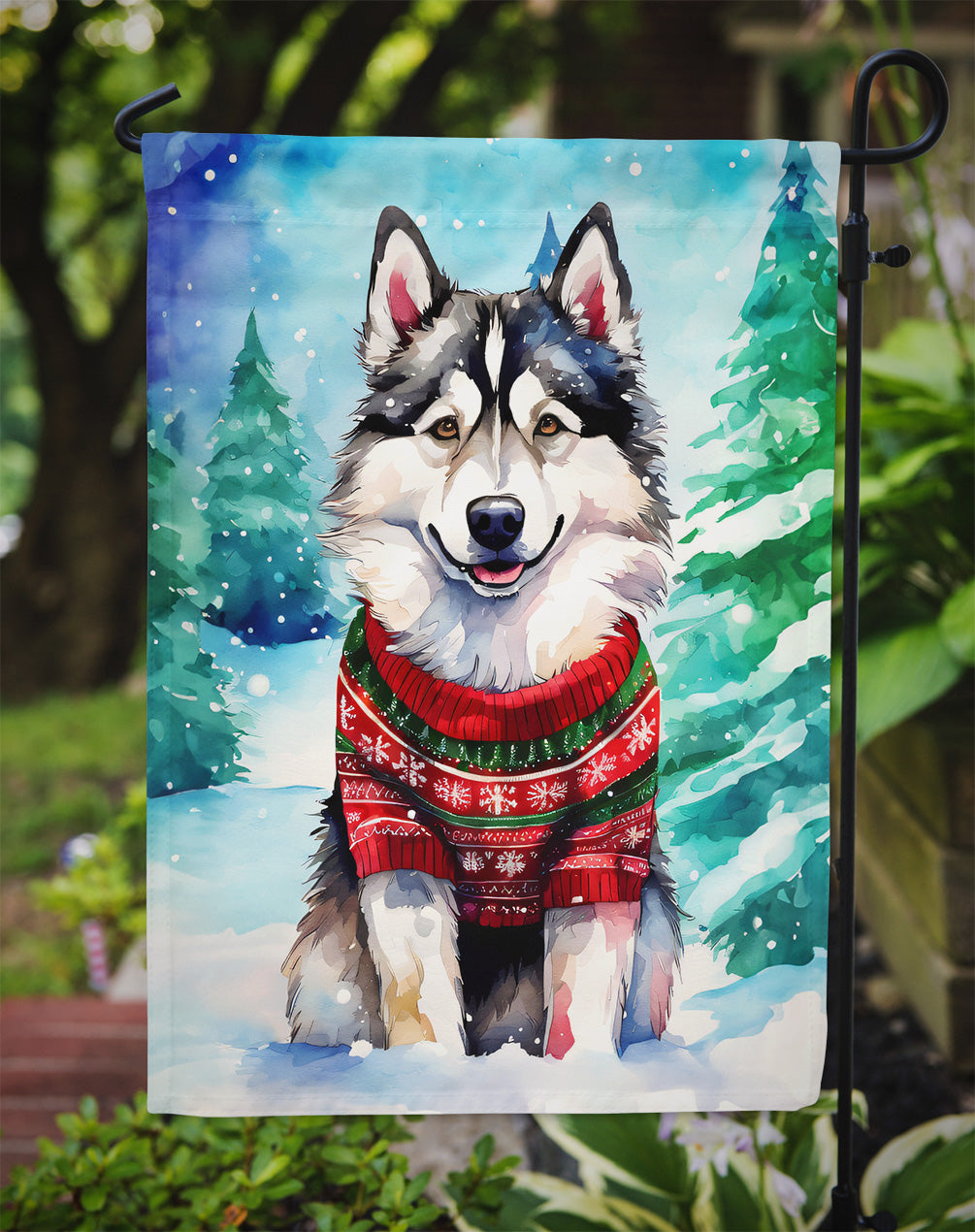 Alaskan Malamute Christmas Garden Flag – Cozy Dog Holiday Decor with Tree & Presents