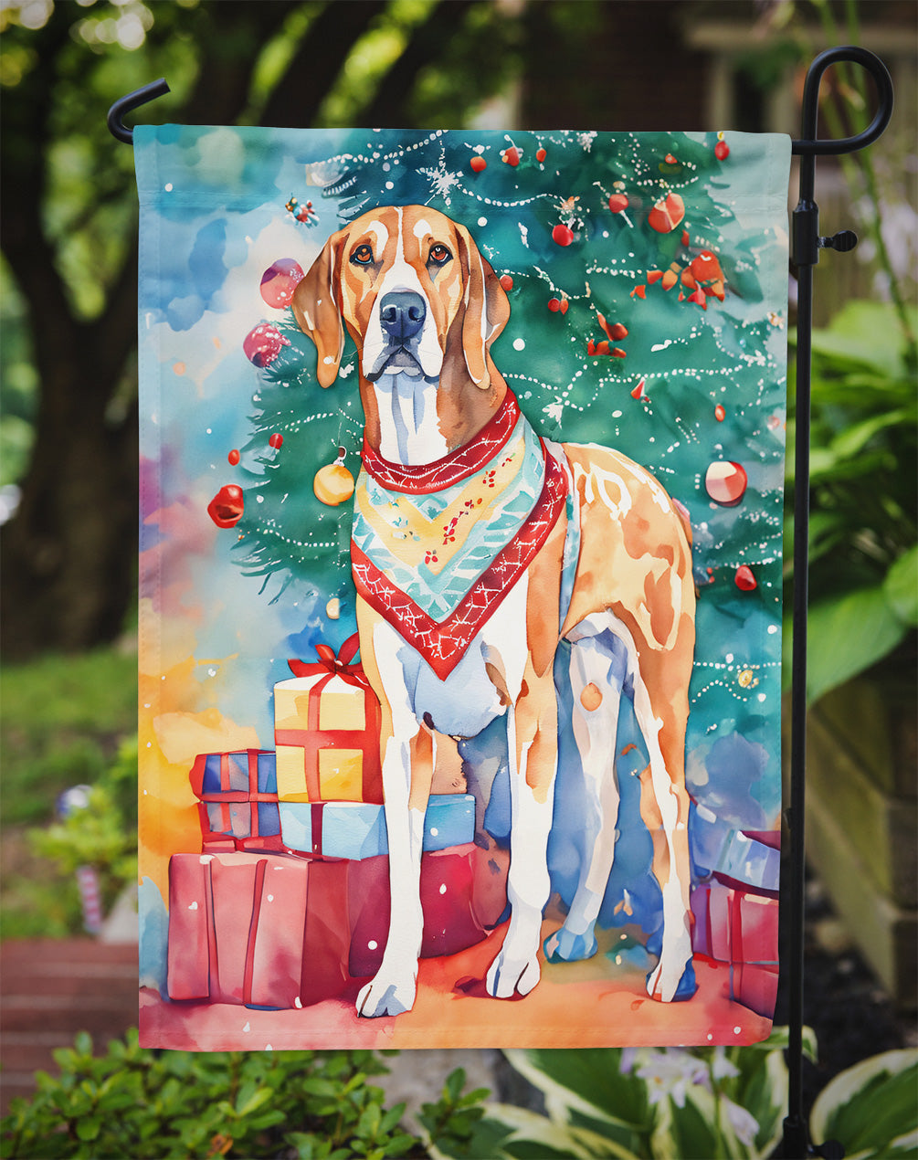 American English Coonhound Christmas Garden Flag – Cozy Dog Holiday Decor with Tree & Presents