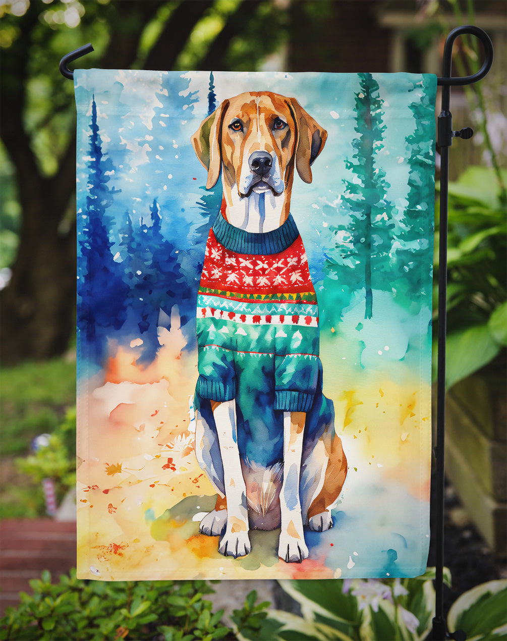 American English Coonhound Christmas Garden Flag – Cozy Dog Holiday Decor with Tree & Presents