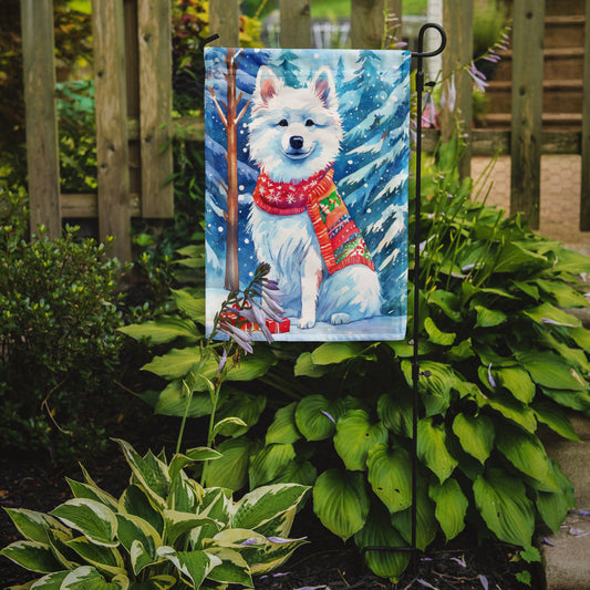 American Eskimo Christmas Garden Flag – Cozy Dog Holiday Decor with Tree & Presents
