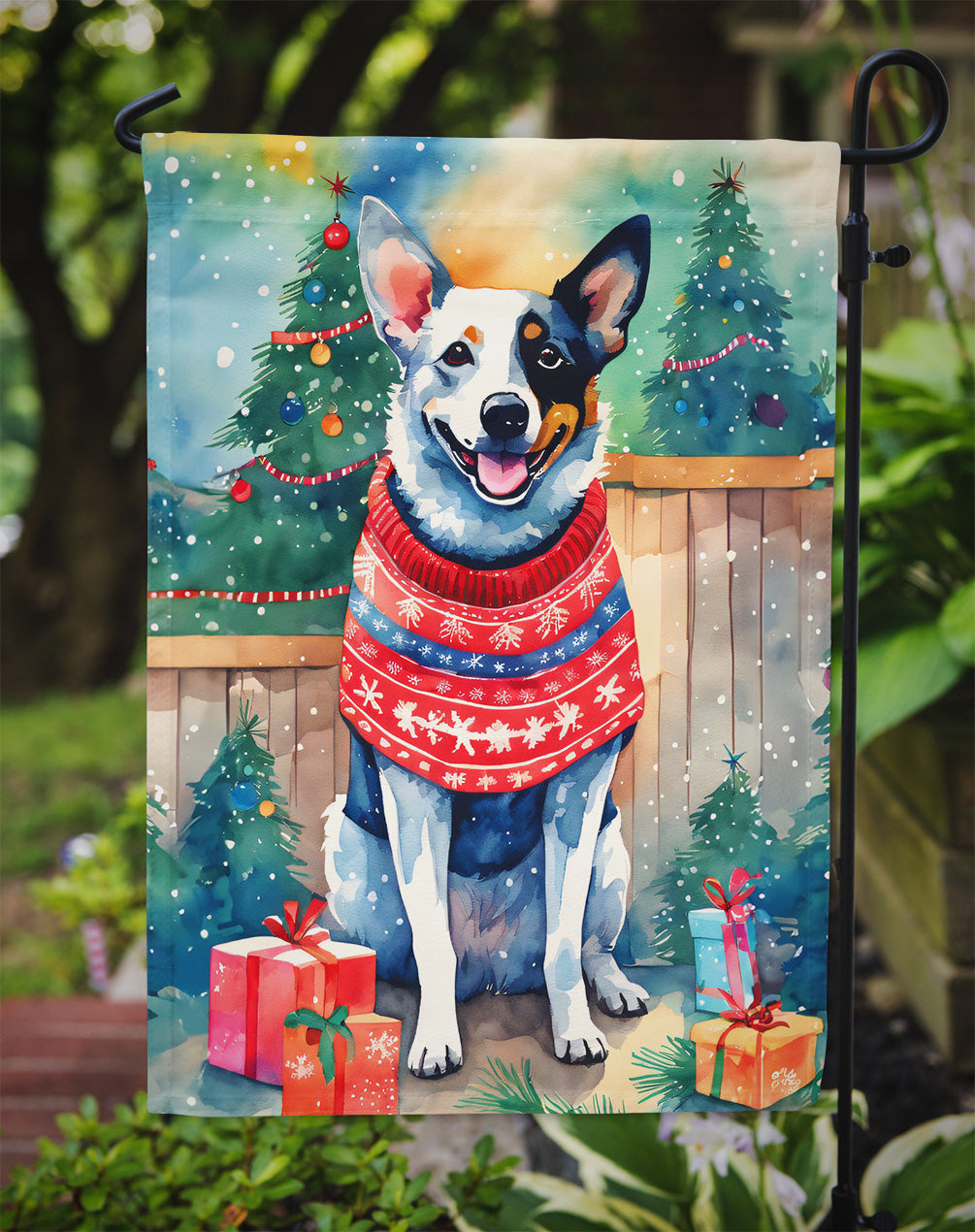 Australian Cattle Dog Christmas Garden Flag – Cozy Dog Holiday Decor with Tree & Presents