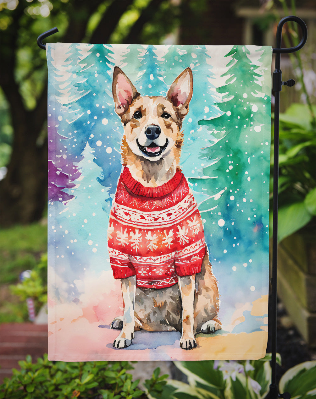 Australian Cattle Dog Christmas Garden Flag – Cozy Dog Holiday Decor with Tree & Presents