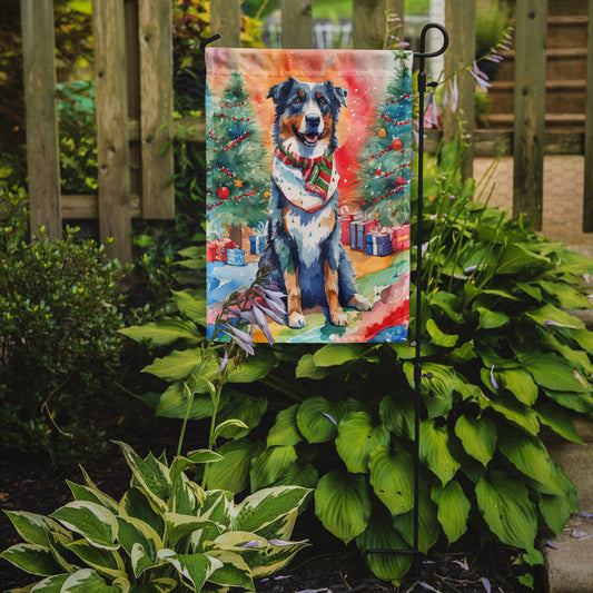 Australian Shepherd Christmas Garden Flag – Cozy Dog Holiday Decor with Tree & Presents