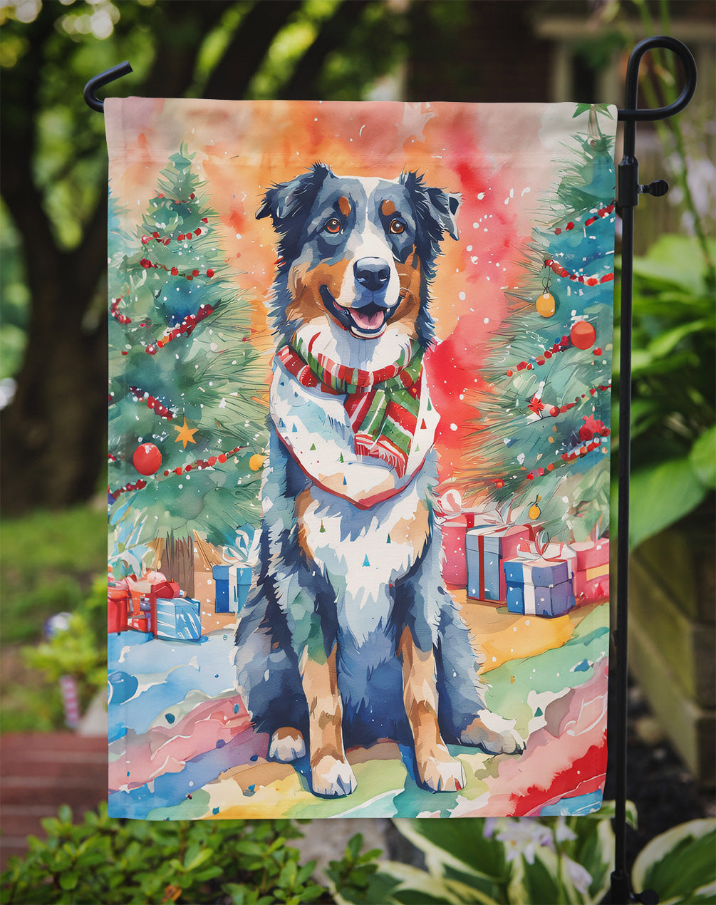 Australian Shepherd Christmas Garden Flag – Cozy Dog Holiday Decor with Tree & Presents