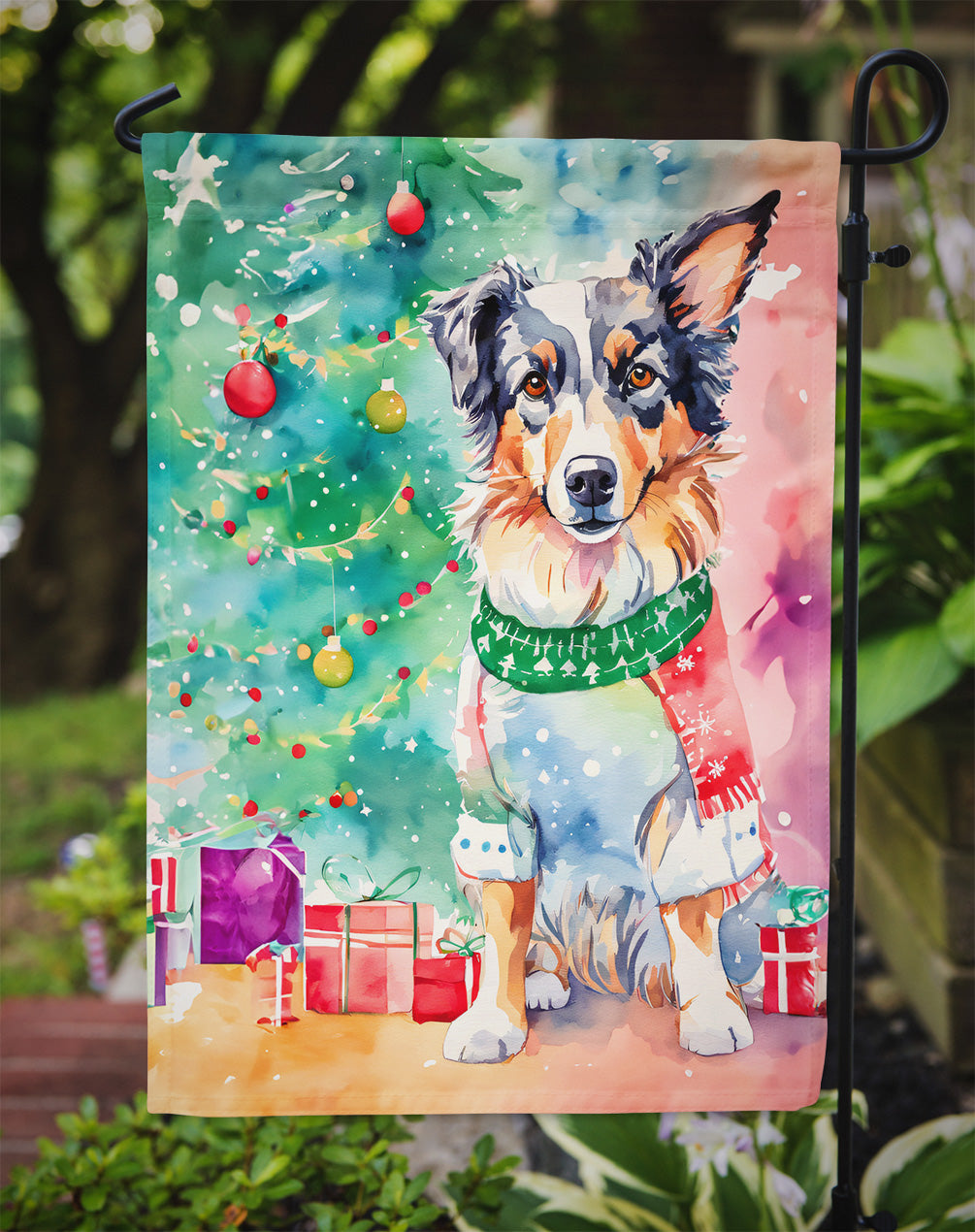 Australian Shepherd Christmas Garden Flag – Cozy Dog Holiday Decor with Tree & Presents