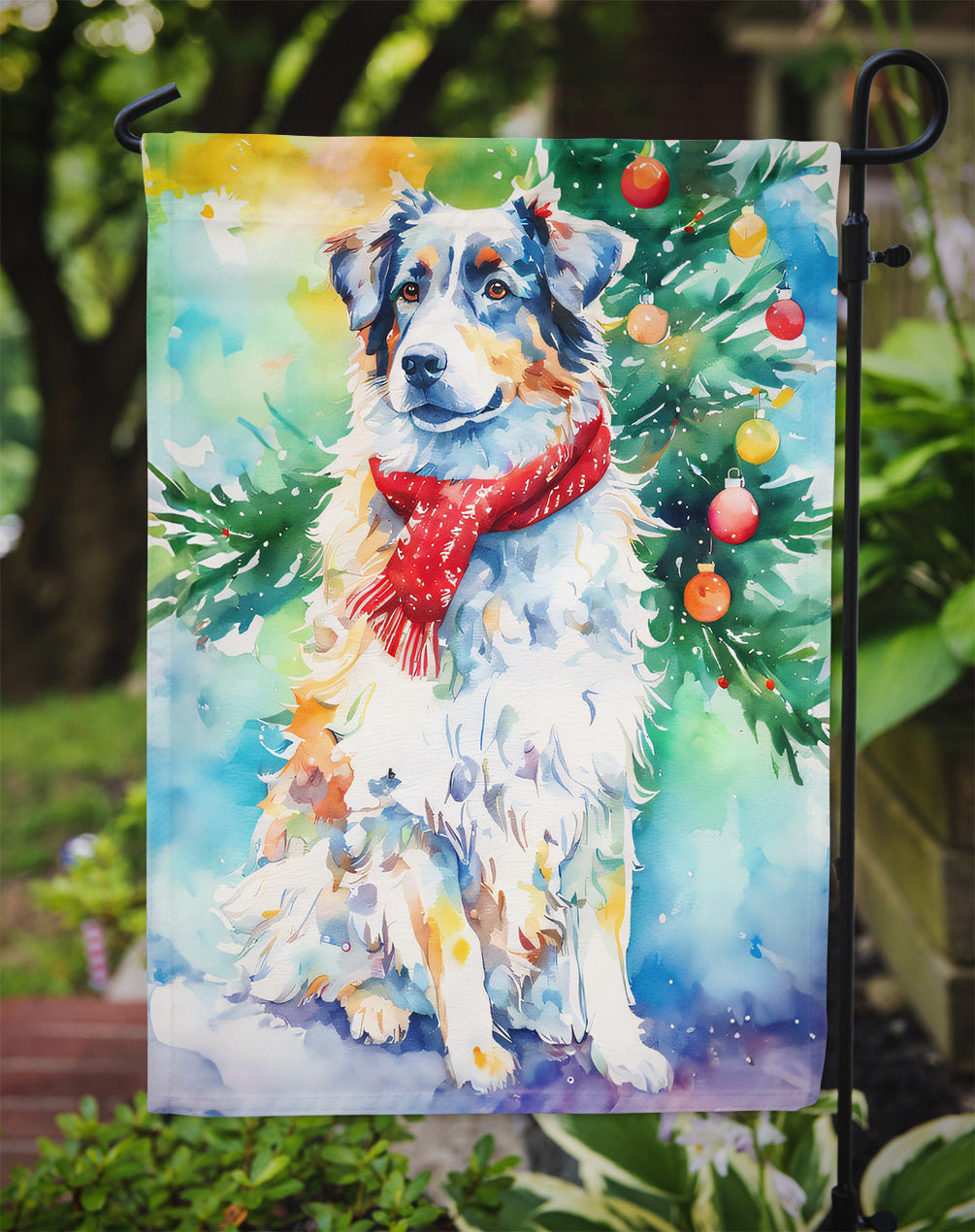 Australian Shepherd Christmas Garden Flag – Cozy Dog Holiday Decor with Tree & Presents