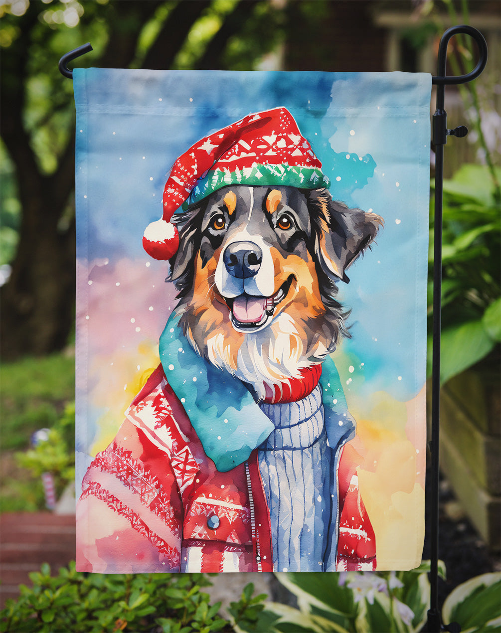 Australian Shepherd Christmas Garden Flag – Cozy Dog Holiday Decor with Tree & Presents