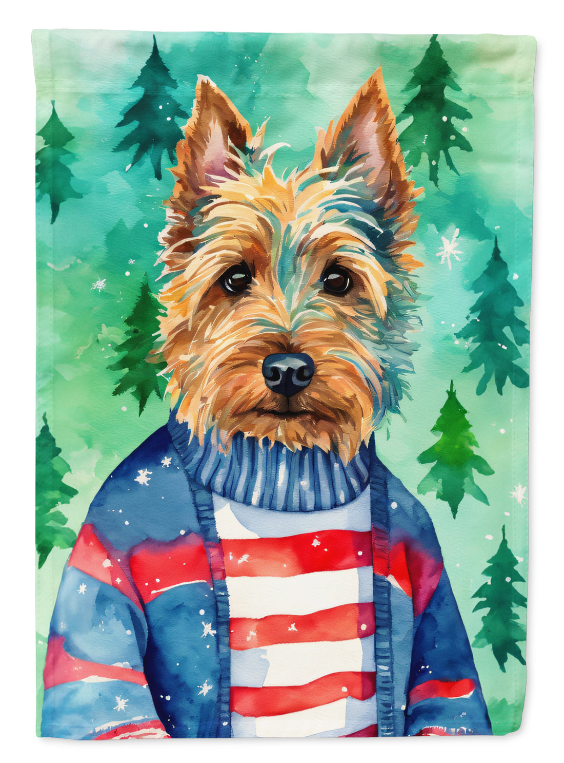 Australian Terrier Christmas Garden Flag – Cozy Dog Holiday Decor with Tree & Presents