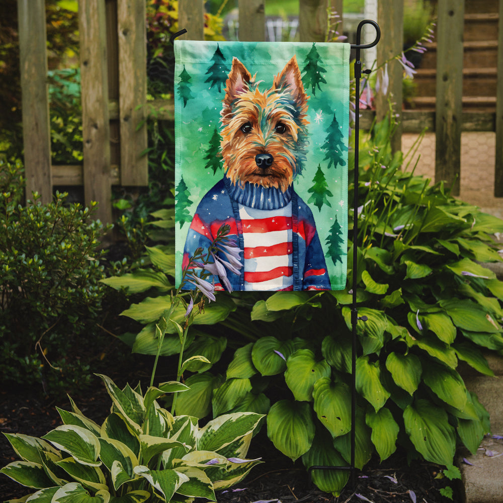 Australian Terrier Christmas Garden Flag – Cozy Dog Holiday Decor with Tree & Presents