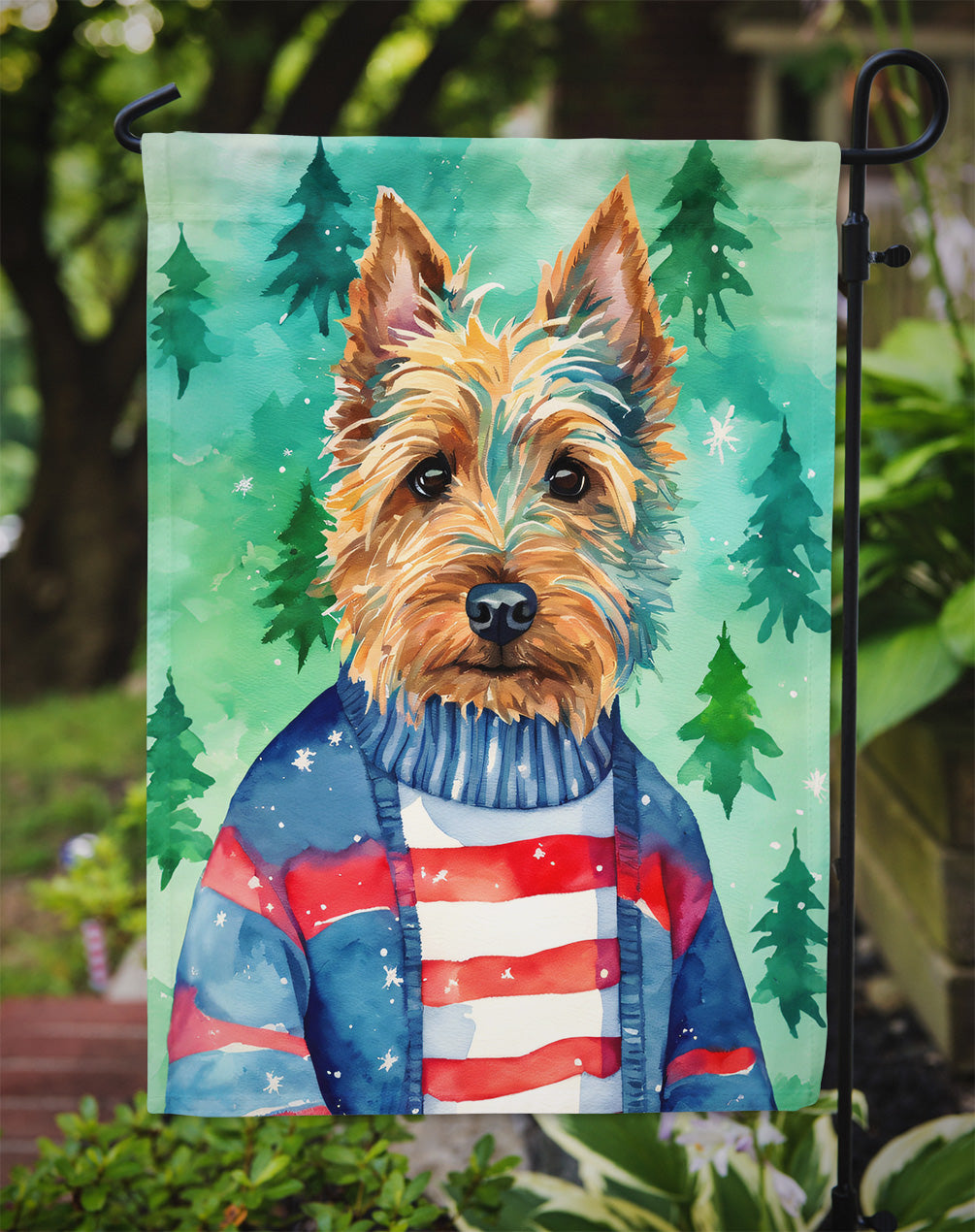 Australian Terrier Christmas Garden Flag – Cozy Dog Holiday Decor with Tree & Presents