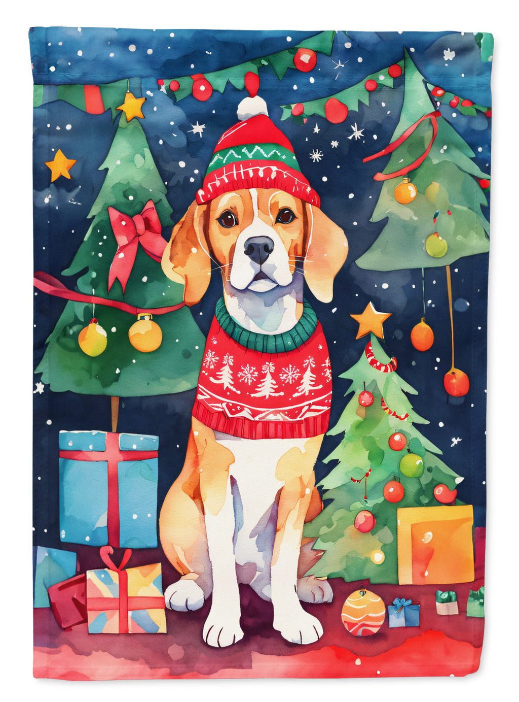 Beagle Christmas Garden Flag – Cozy Dog Holiday Decor with Tree & Presents