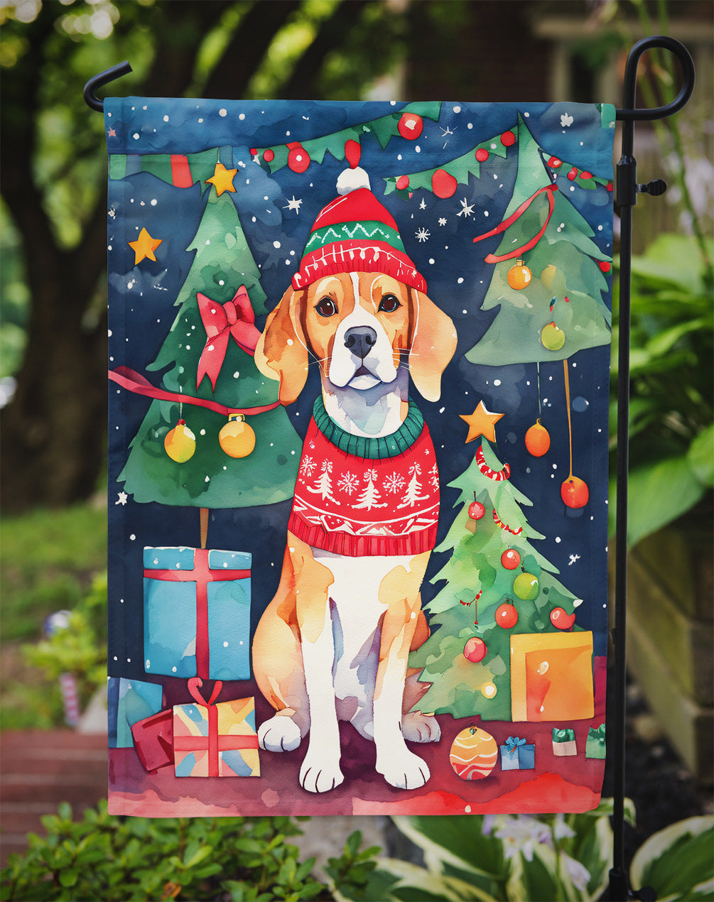 Beagle Christmas Garden Flag – Cozy Dog Holiday Decor with Tree & Presents