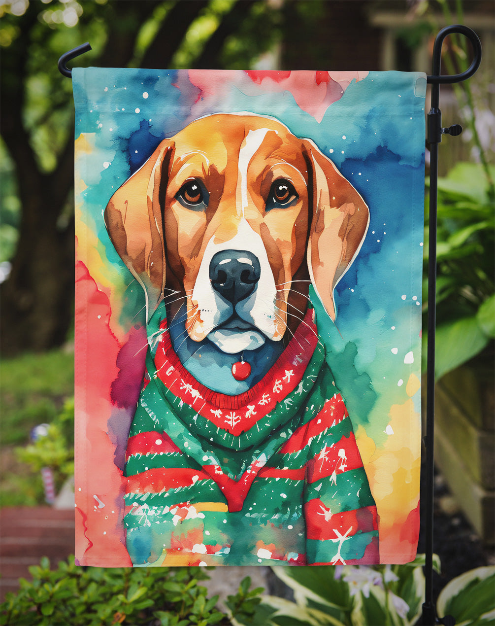 Beagle Christmas Garden Flag – Cozy Dog Holiday Decor with Tree & Presents
