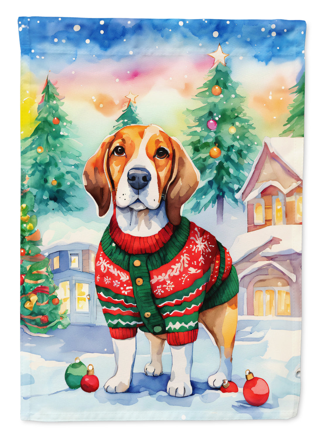 Beagle Christmas Garden Flag – Cozy Dog Holiday Decor with Tree & Presents