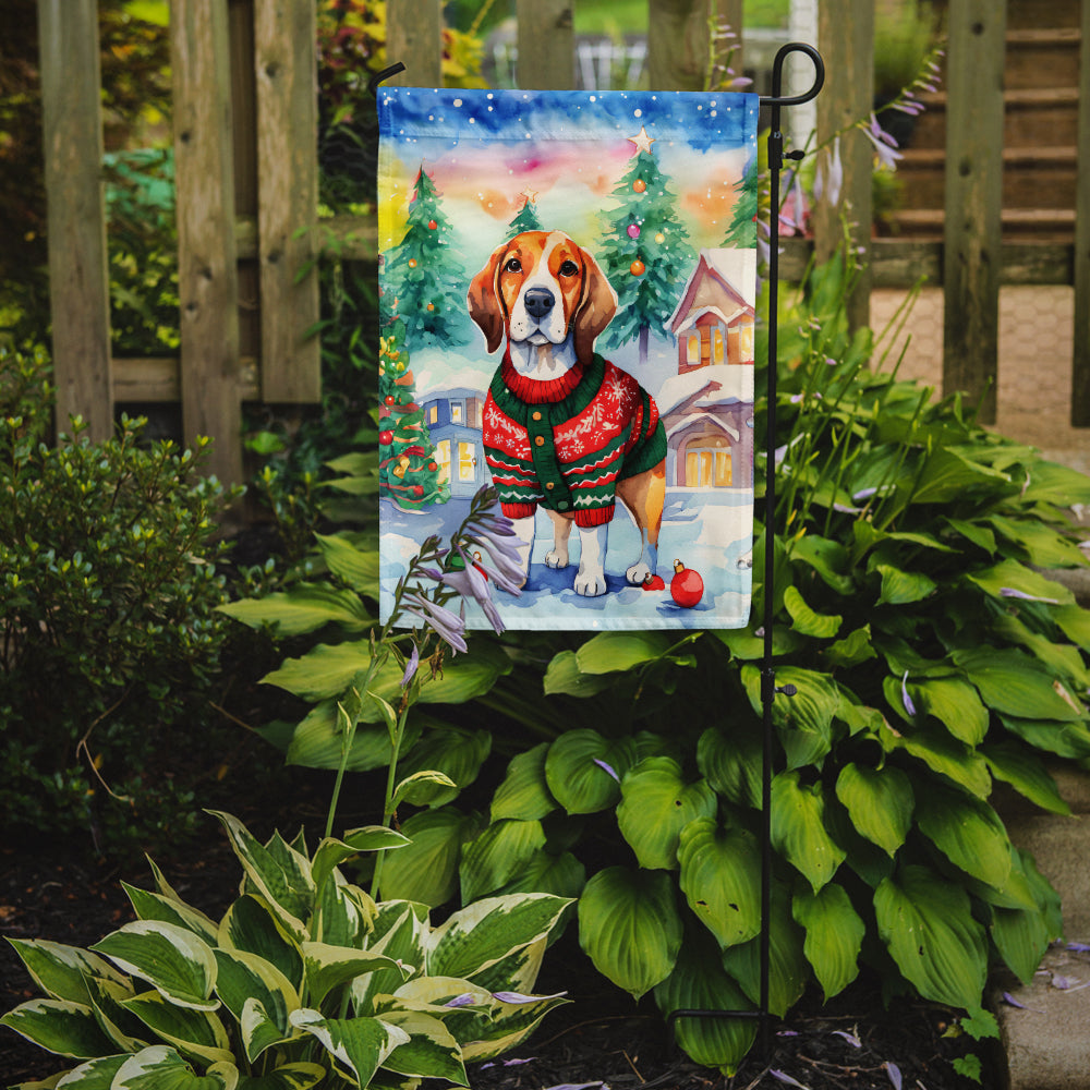 Beagle Christmas Garden Flag – Cozy Dog Holiday Decor with Tree & Presents