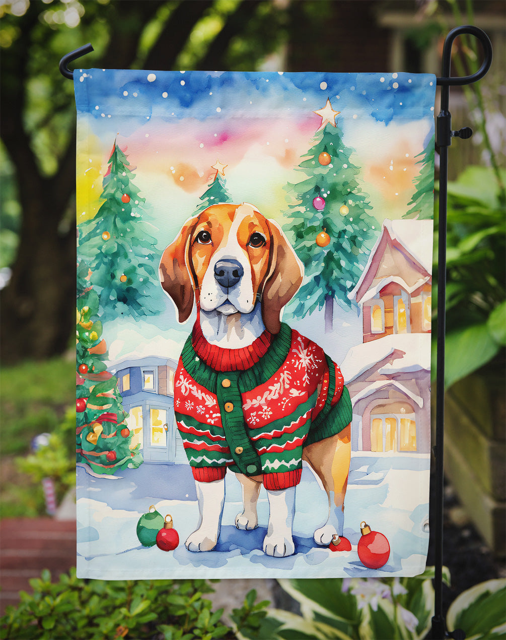 Beagle Christmas Garden Flag – Cozy Dog Holiday Decor with Tree & Presents