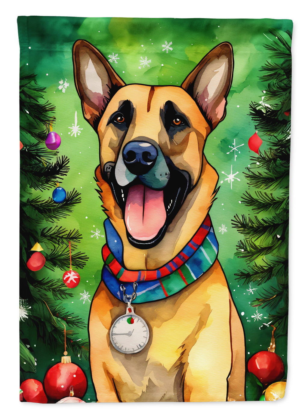 Belgian Malinois Christmas Garden Flag – Cozy Dog Holiday Decor with Tree & Presents