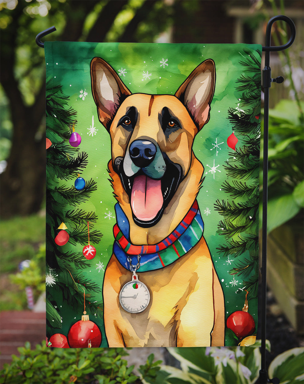 Belgian Malinois Christmas Garden Flag – Cozy Dog Holiday Decor with Tree & Presents