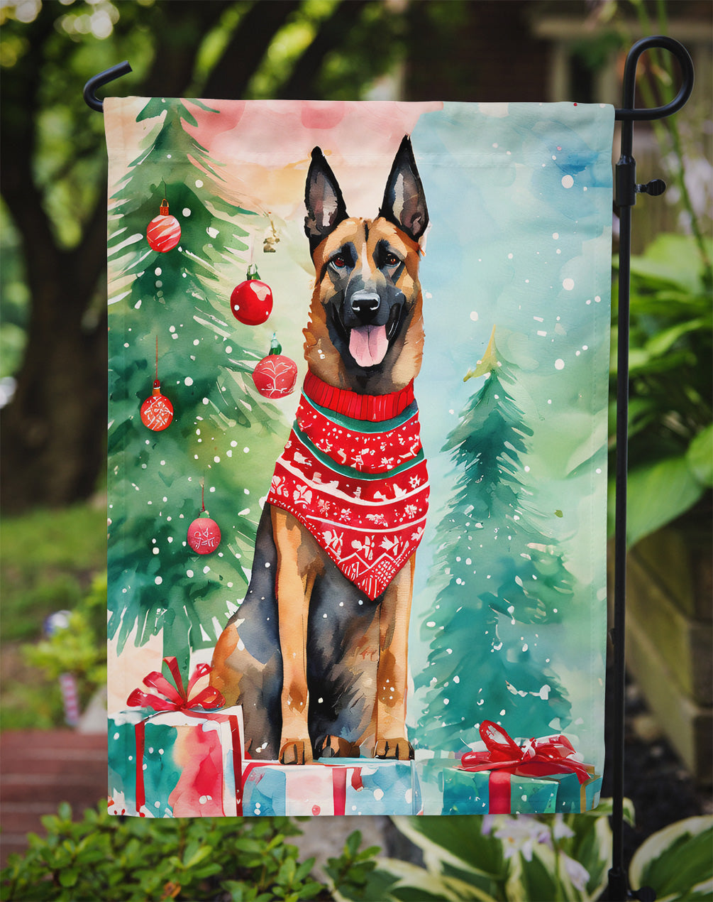 Belgian Malinois Christmas Garden Flag – Cozy Dog Holiday Decor with Tree & Presents