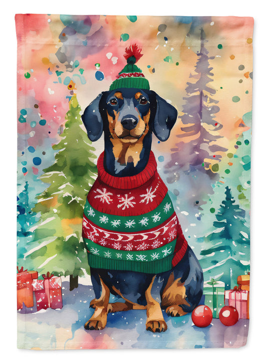 Dachshund Christmas Garden Flag – Cozy Dog Holiday Decor with Tree & Presents