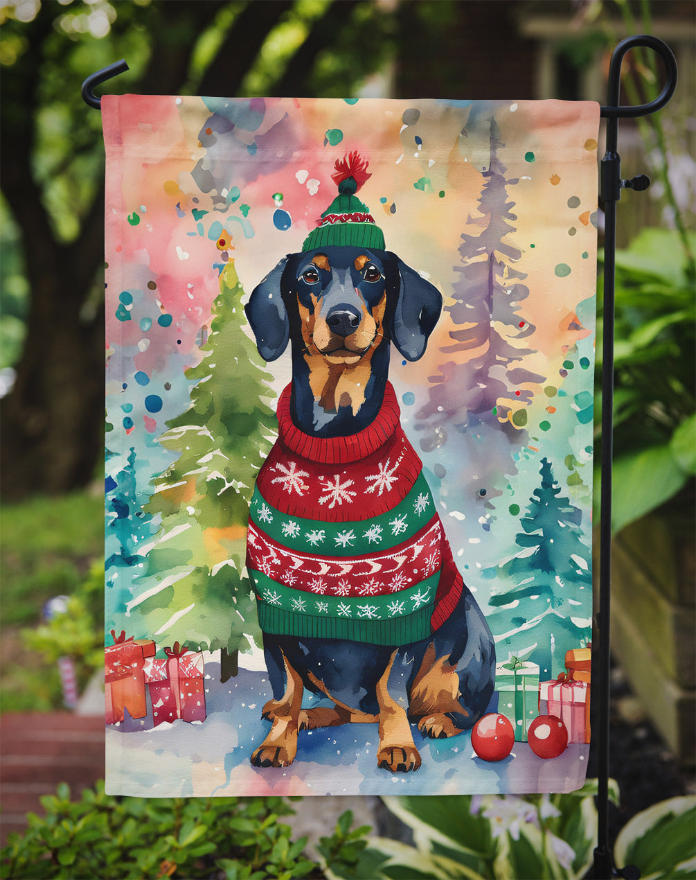 Dachshund Christmas Garden Flag – Cozy Dog Holiday Decor with Tree & Presents