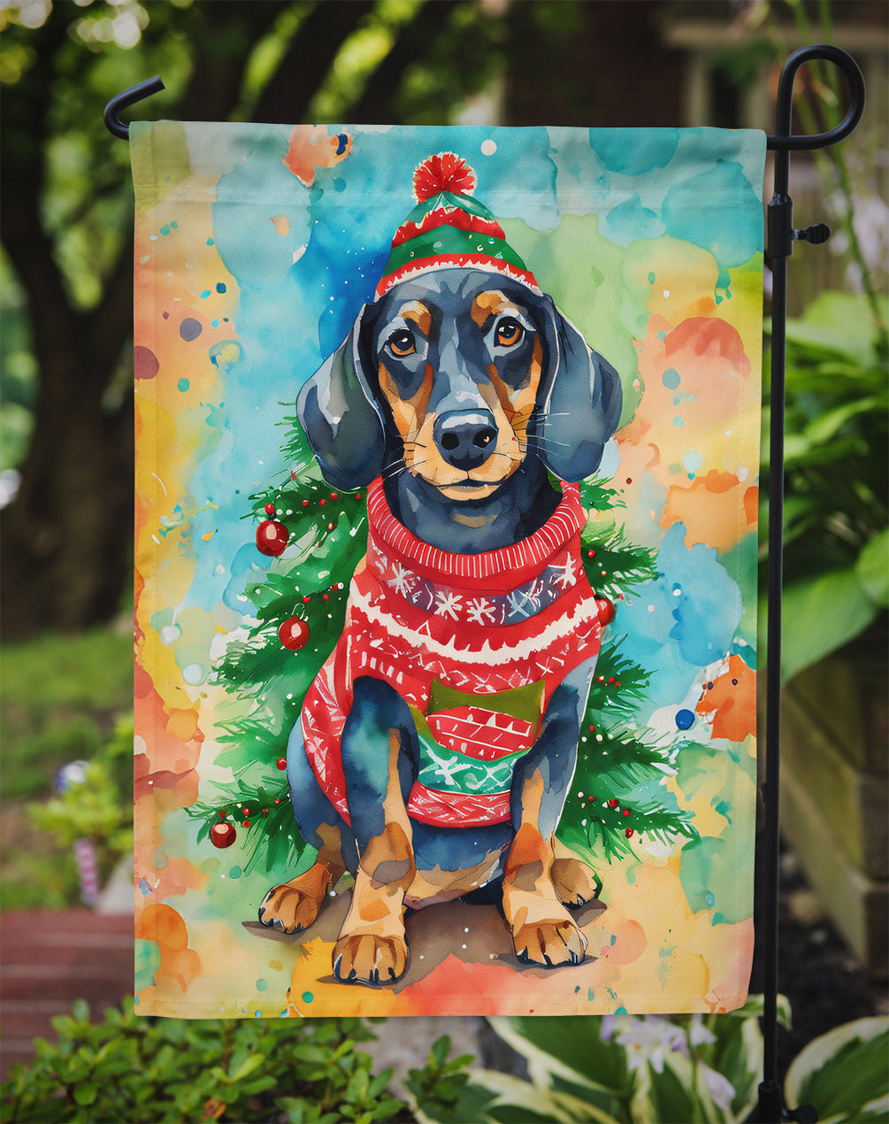 Dachshund Christmas Garden Flag – Cozy Dog Holiday Decor with Tree & Presents