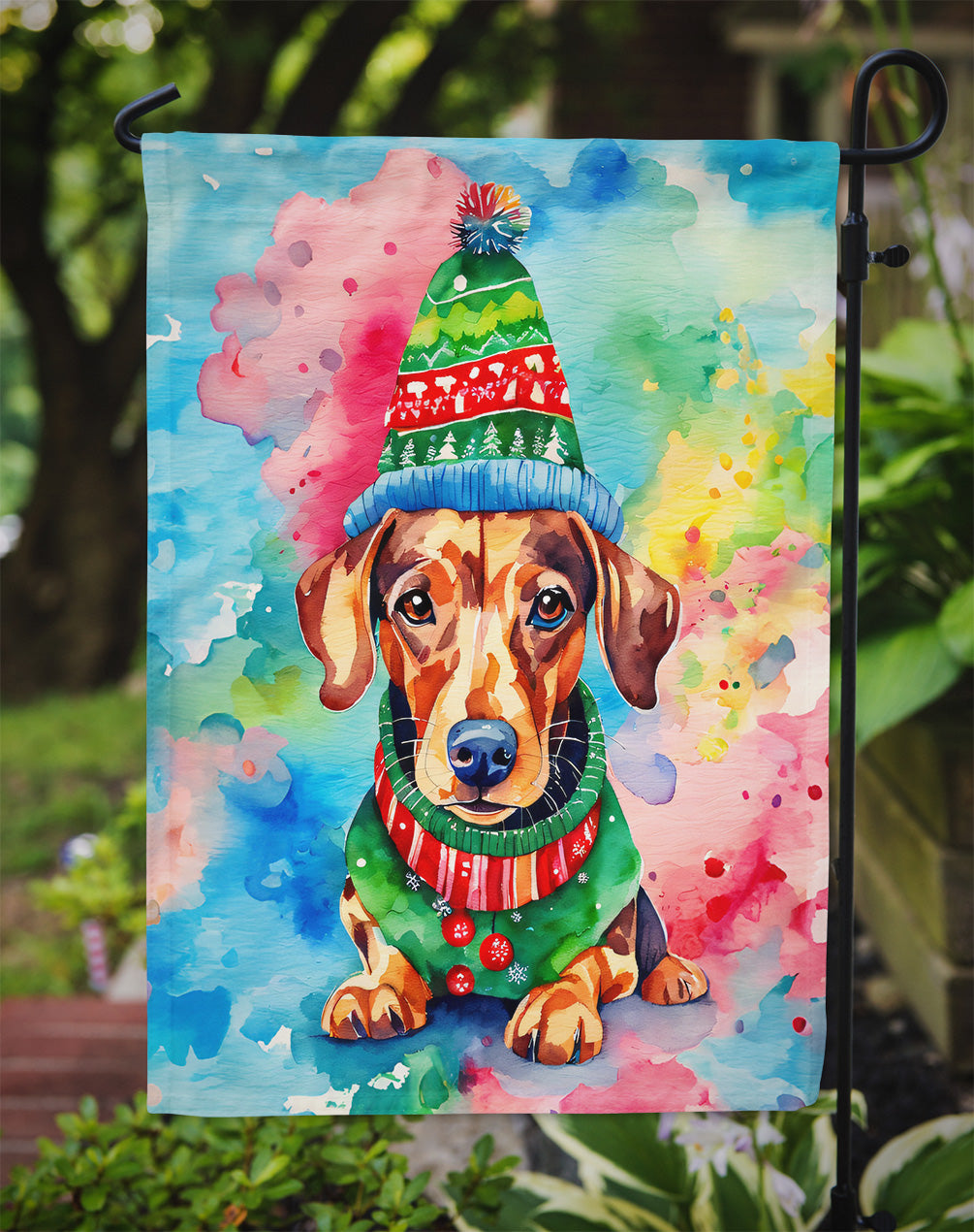 Dachshund Christmas Garden Flag – Cozy Dog Holiday Decor with Tree & Presents