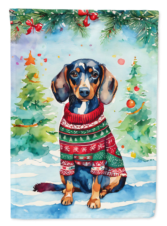 Dachshund Christmas Garden Flag – Cozy Dog Holiday Decor with Tree & Presents