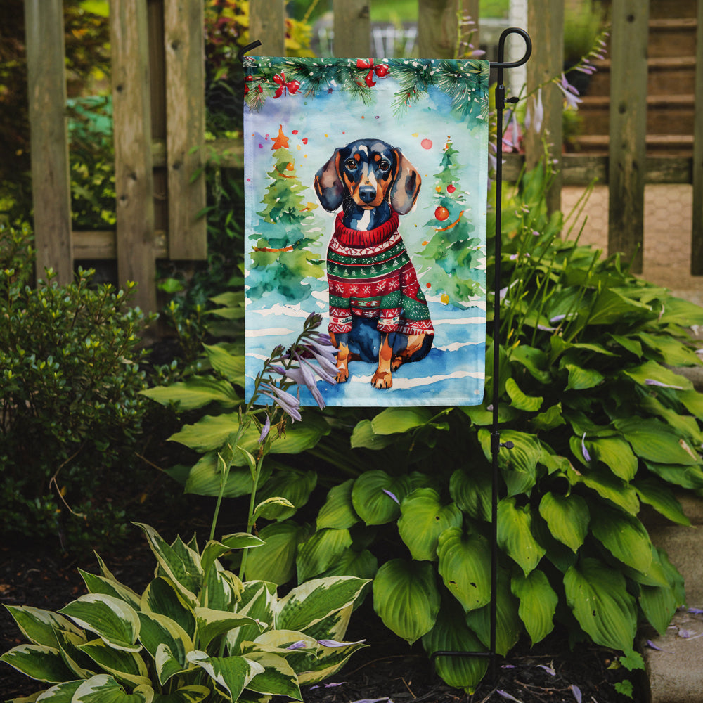 Dachshund Christmas Garden Flag – Cozy Dog Holiday Decor with Tree & Presents