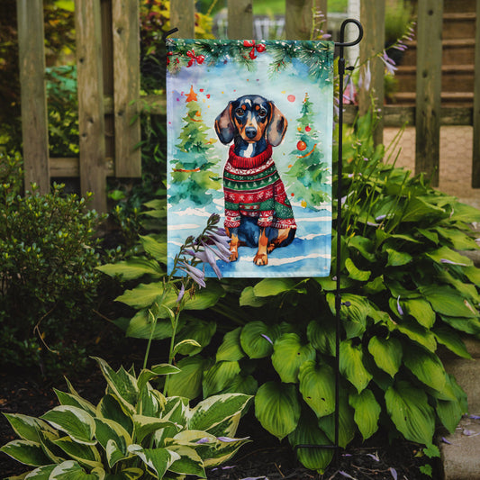 Dachshund Christmas Garden Flag – Cozy Dog Holiday Decor with Tree & Presents