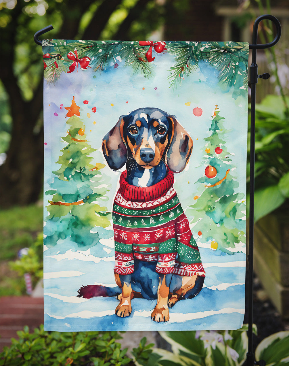 Dachshund Christmas Garden Flag – Cozy Dog Holiday Decor with Tree & Presents