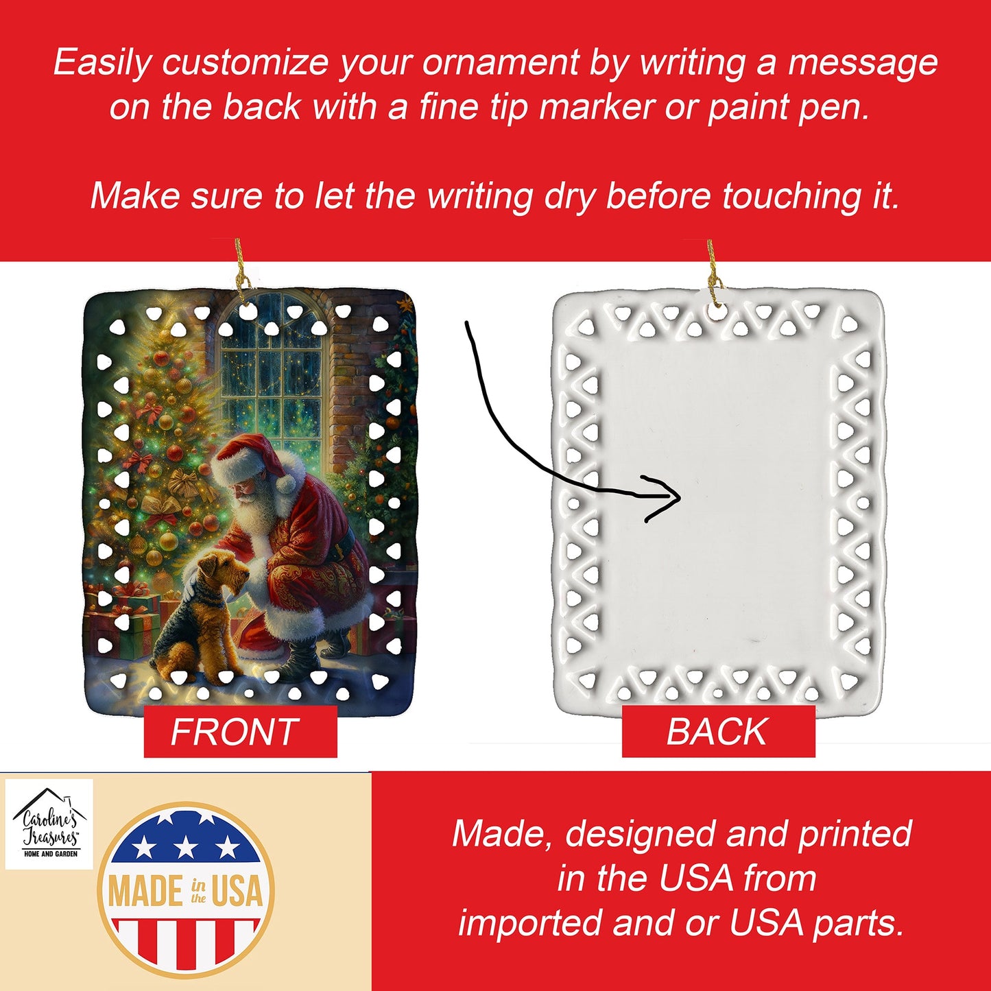 Airedale Terrier and Santa Claus Porcelain Ornament