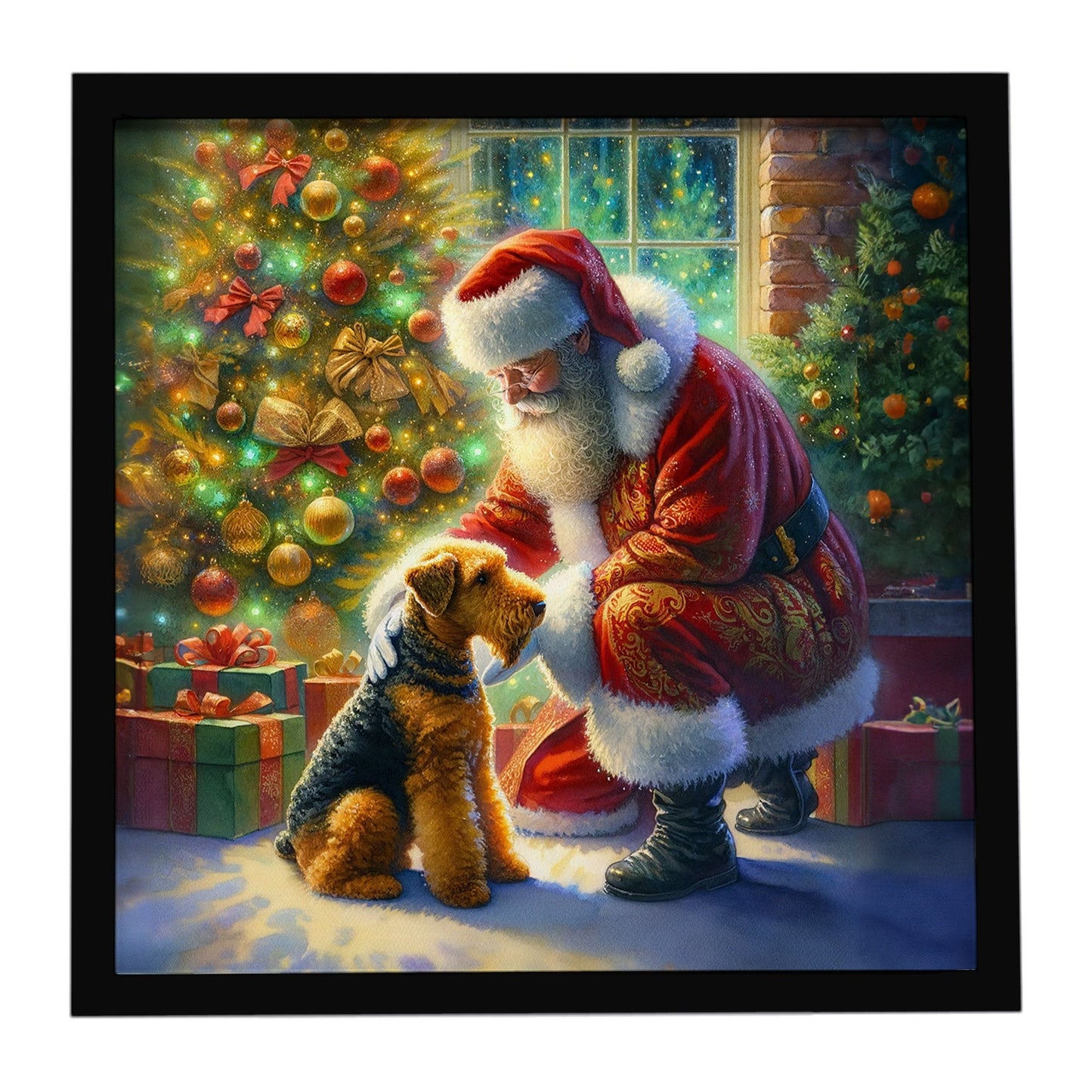 Airedale Terrier and Santa Claus Framed Metal Print