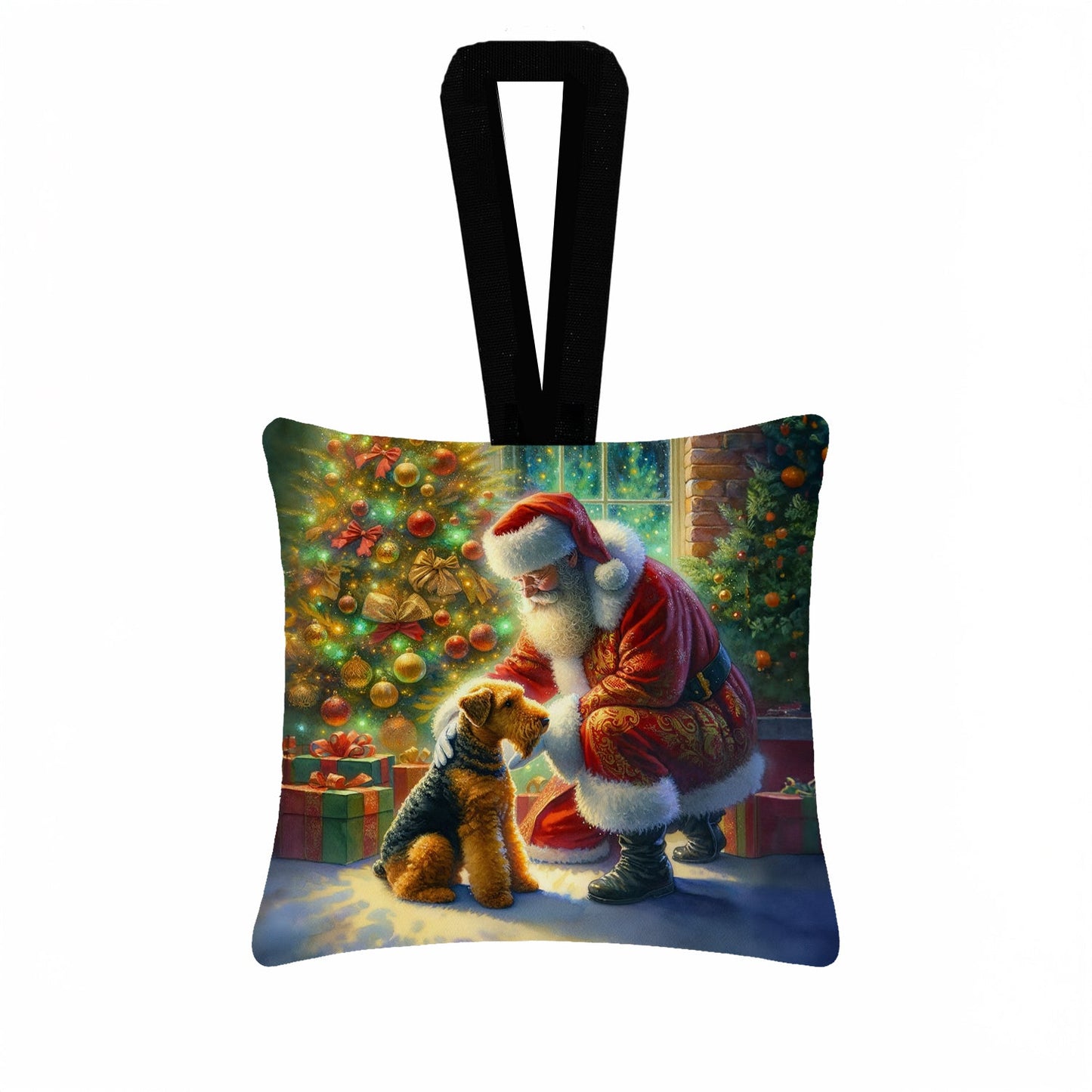 Airedale Terrier and Santa Claus Hanging Square Fabric Ornament 3.5 × 3.5