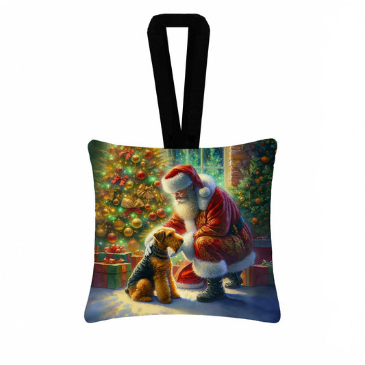 Airedale Terrier and Santa Claus Hanging Square Fabric Ornament 3.5 × 3.5