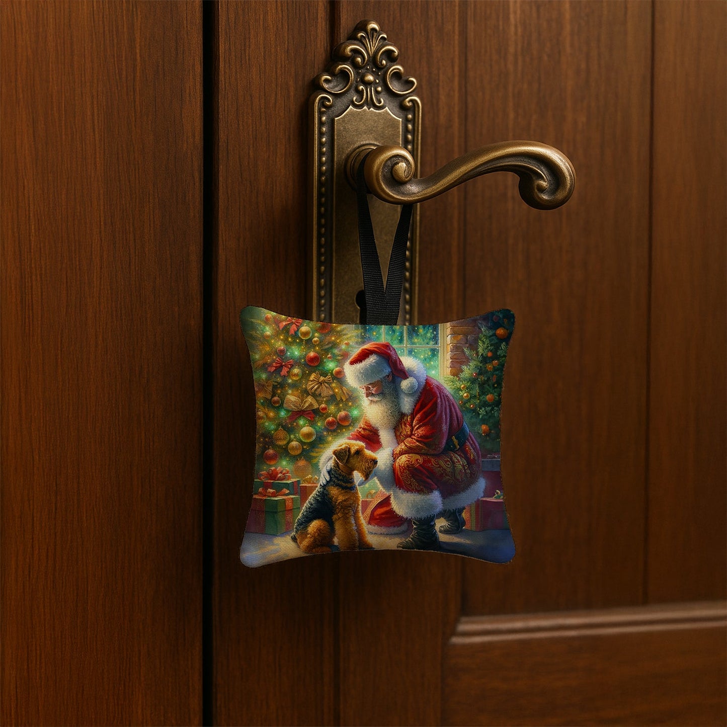 Airedale Terrier and Santa Claus Hanging Square Fabric Ornament 3.5 × 3.5