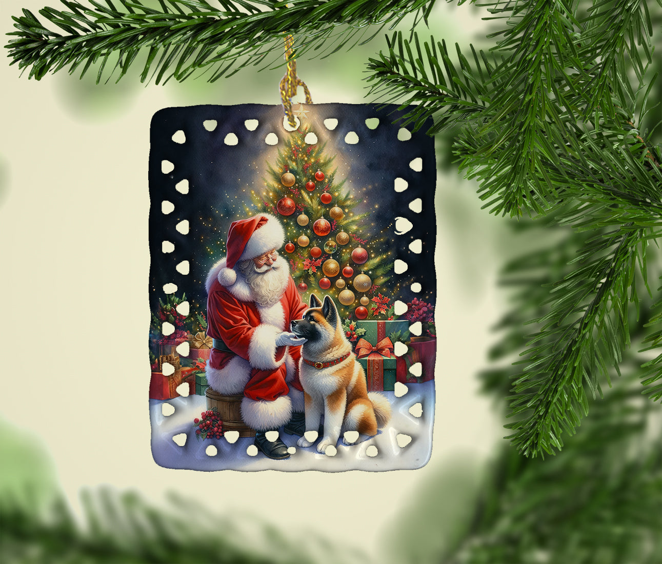 Akita and Santa Claus Porcelain Ornament
