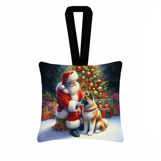 Akita and Santa Claus Hanging Square Fabric Ornament 3.5 × 3.5