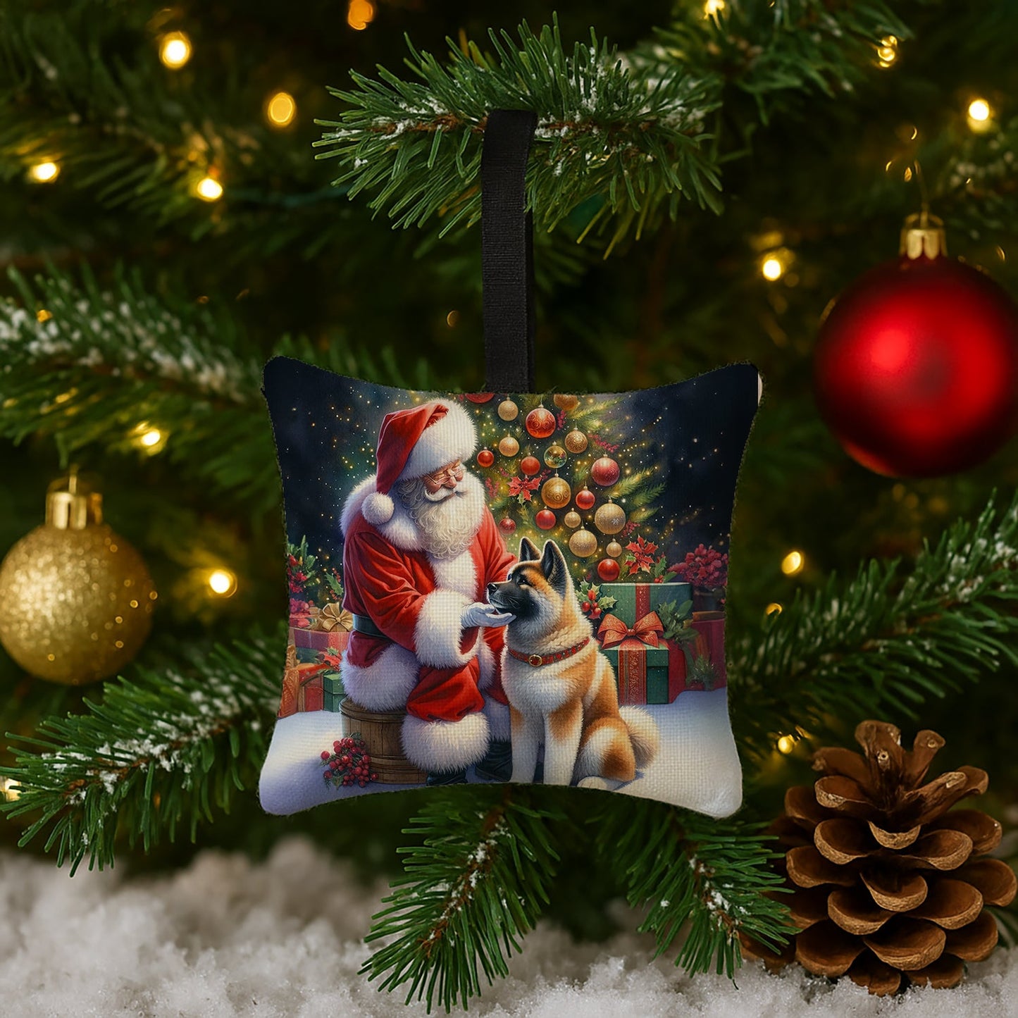 Akita and Santa Claus Hanging Square Fabric Ornament 3.5 × 3.5