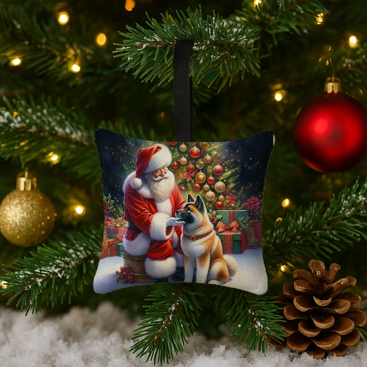 Akita and Santa Claus Hanging Square Fabric Ornament 3.5 × 3.5