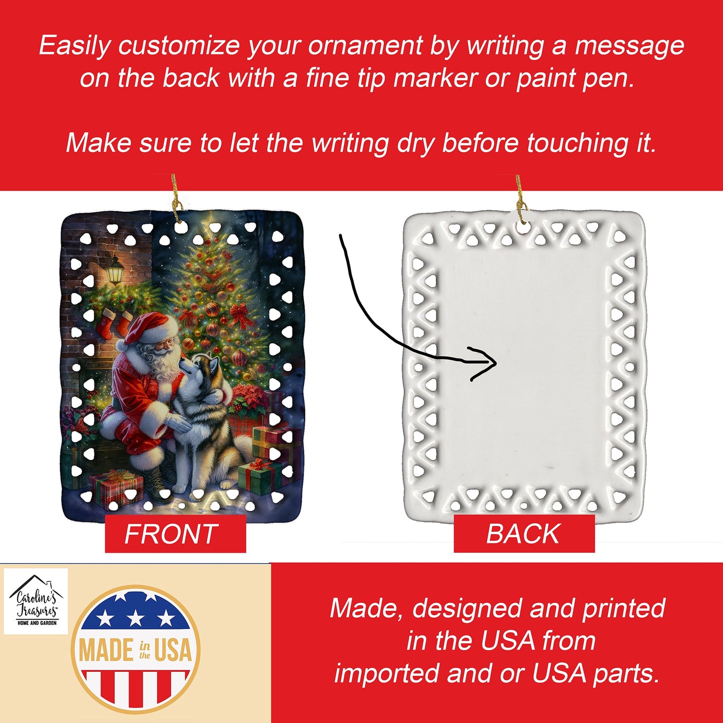 Alaskan Malamute and Santa Claus Porcelain Ornament