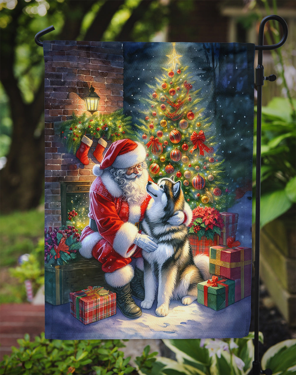 Alaskan Malamute with Santa Garden Flag – Christmas Dog Yard Decor