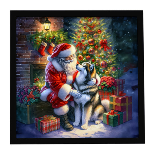 Alaskan Malamute and Santa Claus Framed Metal Print
